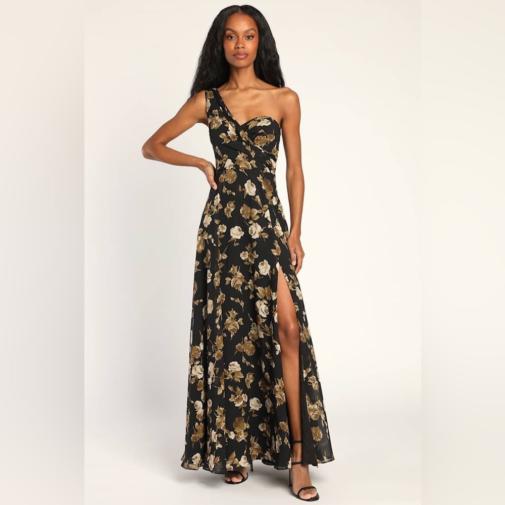 Lulus Fashionably Refined Black Floral Print One-Shoulder Maxi Dress